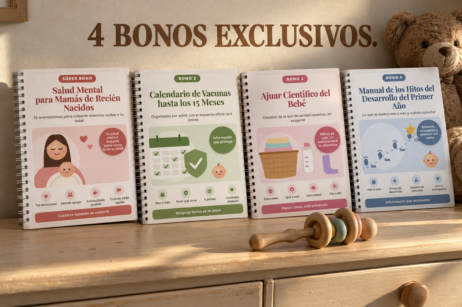 4 bonos exclusivos: Salud Mental para Mamás de Recién Nacidos, Calendario de Vacunas hasta los 15 Meses, Ajuar Científico y Manual de los Hitos del Desarrollo