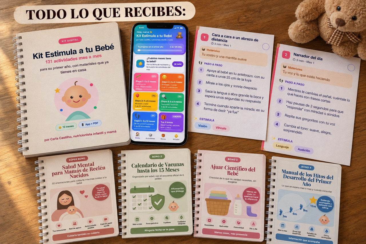 Todo lo que recibes: Kit Estimula a tu Bebé con 131 actividades y 4 bonos