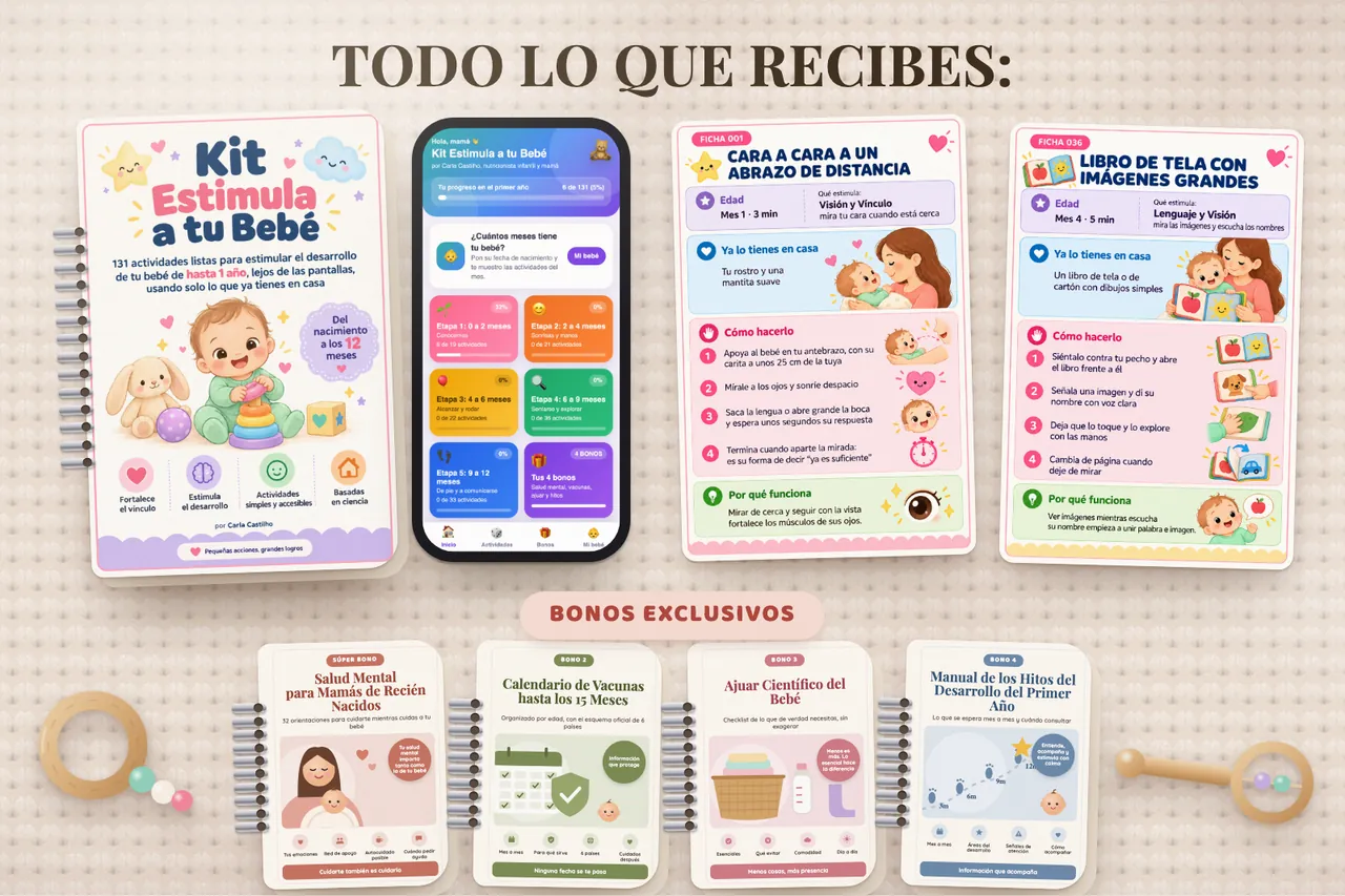 Todo lo que recibes: Kit Estimula a tu Bebé con 131 actividades y 4 bonos